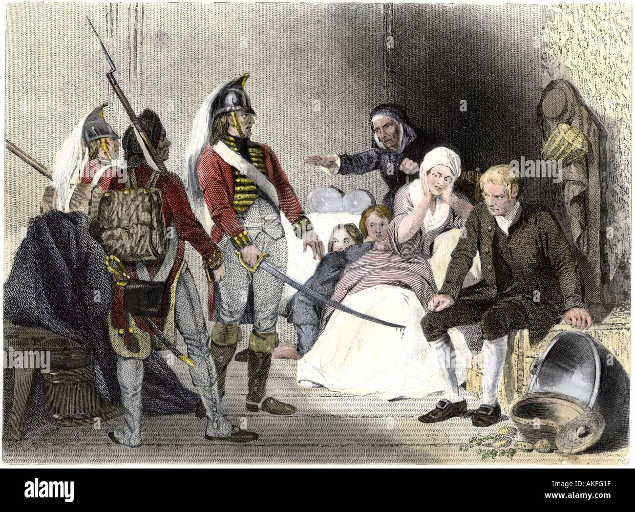 Britische Soldaten einquartiert in einem Amerikanischen kolonialen Haus 1770. Hand - farbige Gravur Stockfoto
