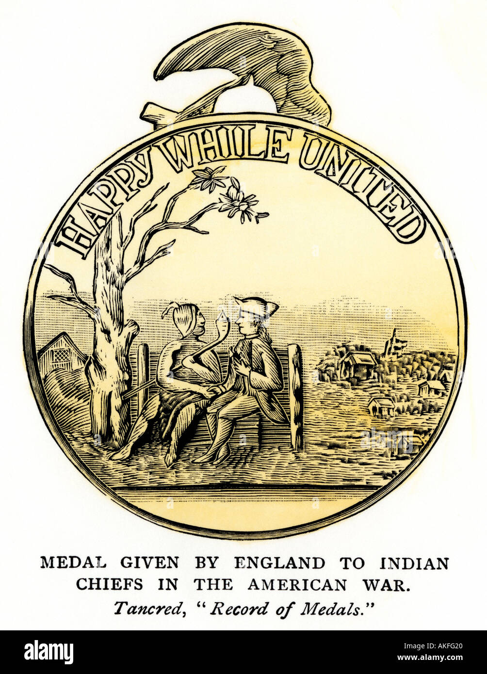 Medaille von England zu indianischen Verbündeten nach der Amerikanischen Revolution. Hand - farbige Holzschnitt Stockfoto