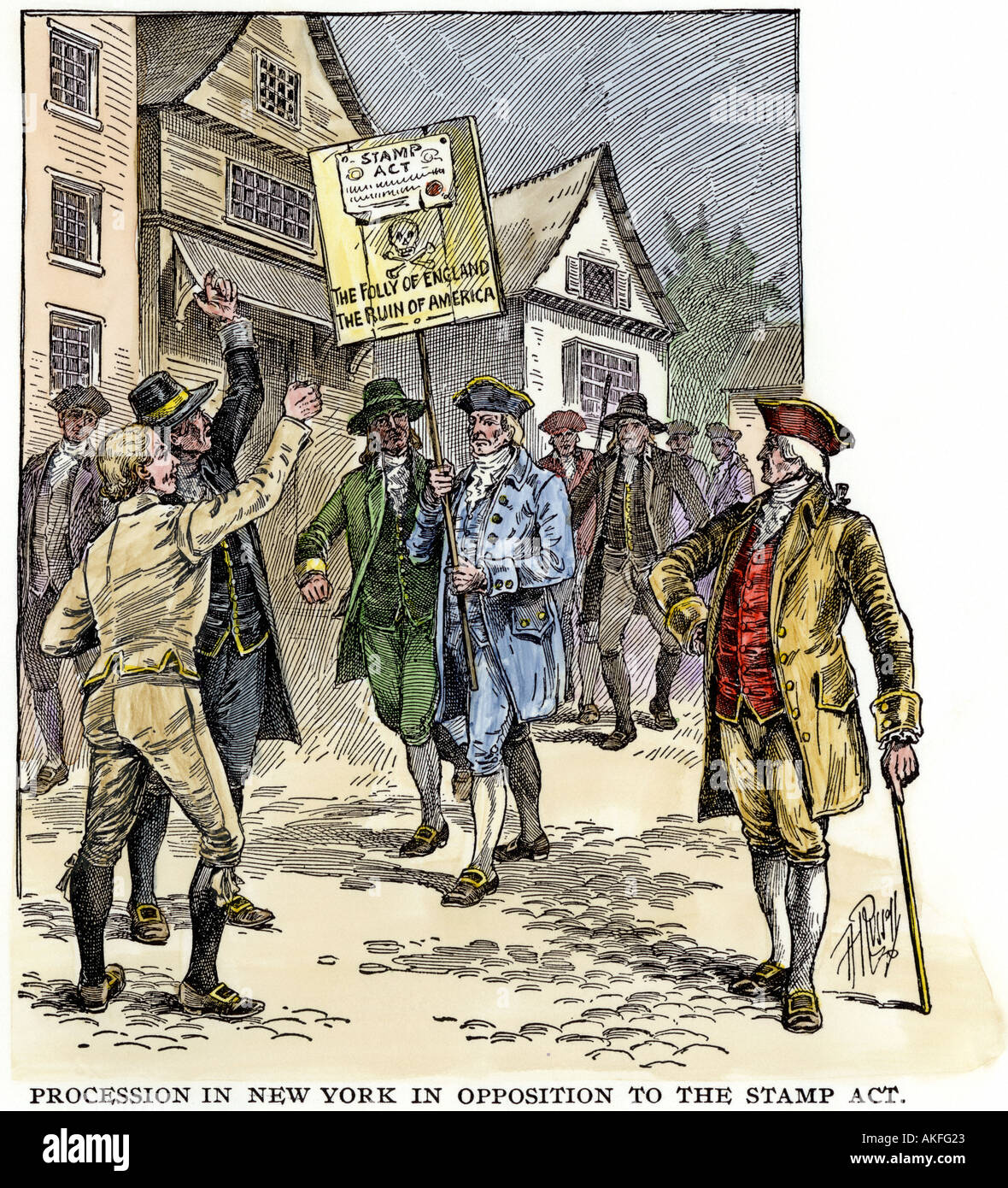 Protest in New York City von Siedlern gegen die Stamp Act 1765. Hand - farbige Holzschnitt Stockfoto