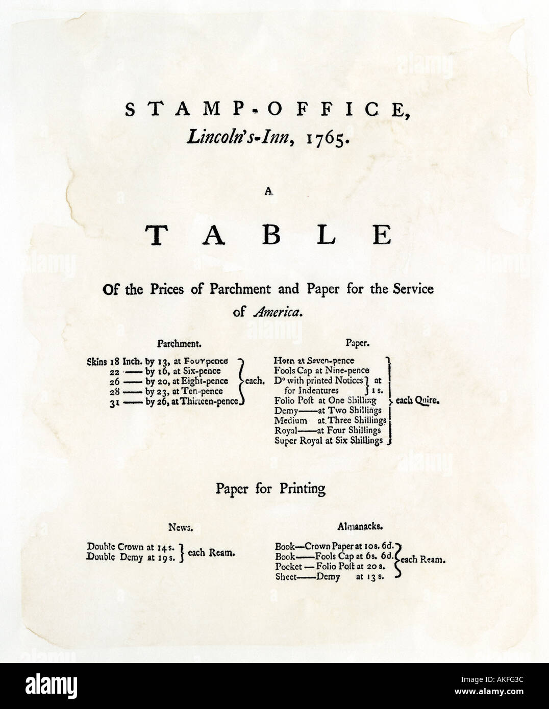 Tabelle der Stempel Preise für Papier und Pergament, die unter den britischen Stamp Act 1765. Holzschnitt mit einem Aquarell waschen Stockfoto