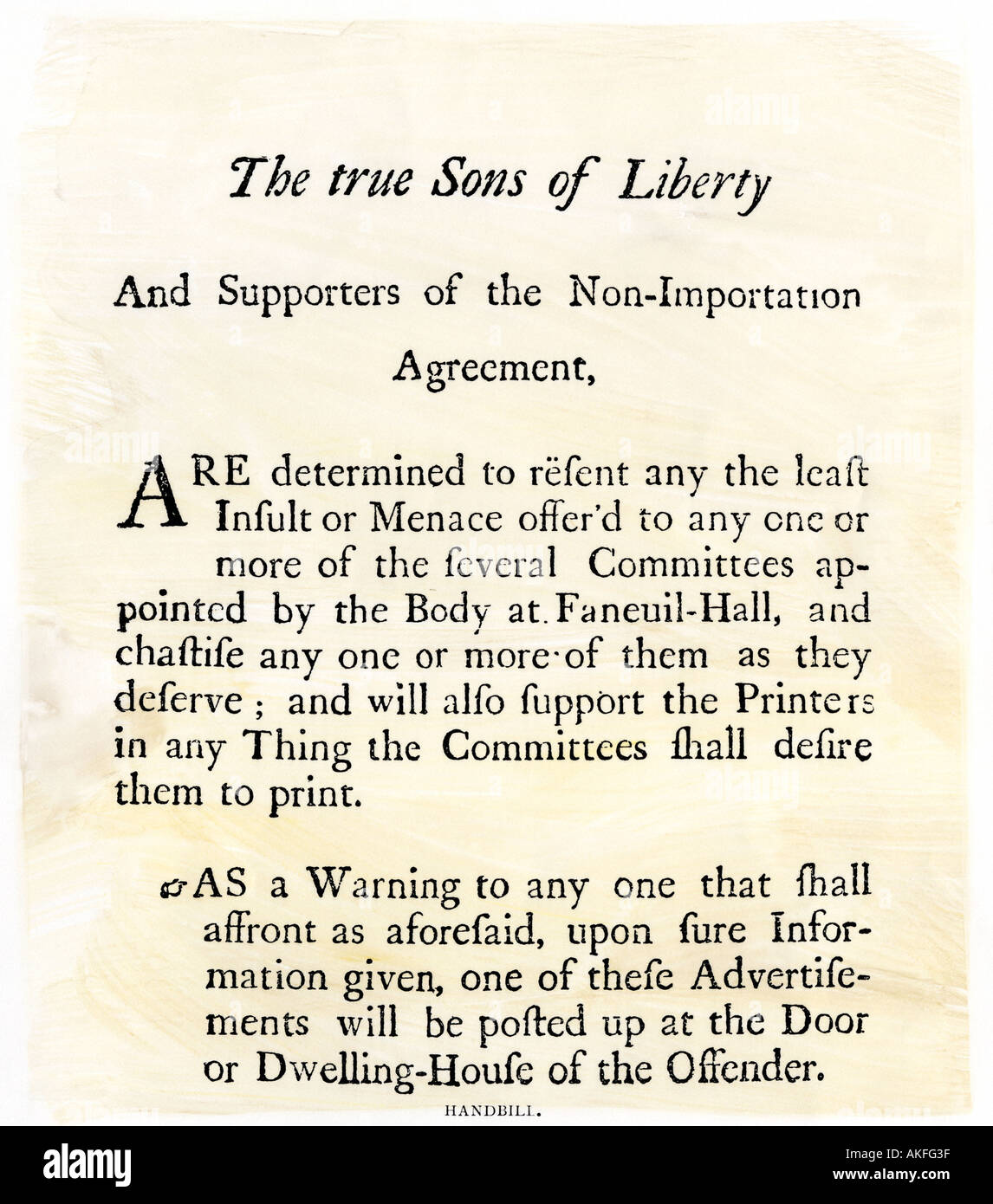 Söhne der Freiheit Flugblatt zur Unterstützung einen Boykott britischer waren in Boston vor den revolutionären Krieg. Holzschnitt mit einem Aquarell waschen Stockfoto