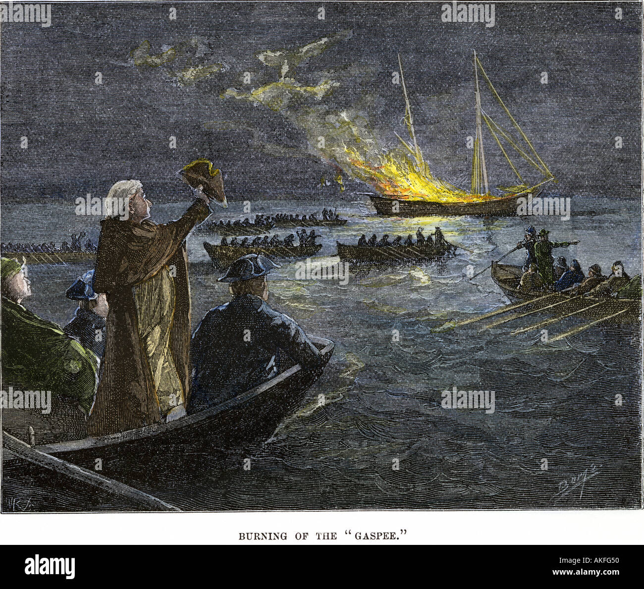 Wütend Rhode-island Kolonisten brennen das Schiff in die Bucht von Narrqaganet Gaspee britischen Besteuerung 1773 zu protestieren. Hand - farbige Holzschnitt Stockfoto