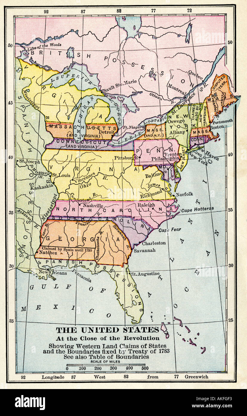 Karte der Vereinigten Staaten in der Nähe der amerikanischen Revolution 1783. Farblithographie Stockfoto