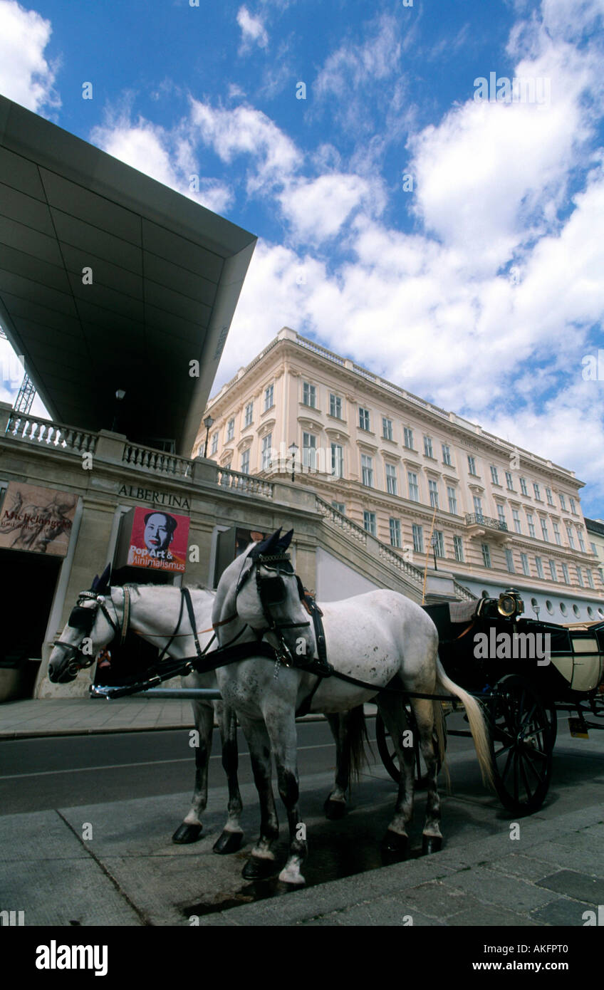 Österreich, Wien, Albertinaplatz, Fiaker Vor Dem Palais Erzherzog Albrecht (Albertina) Stockfoto