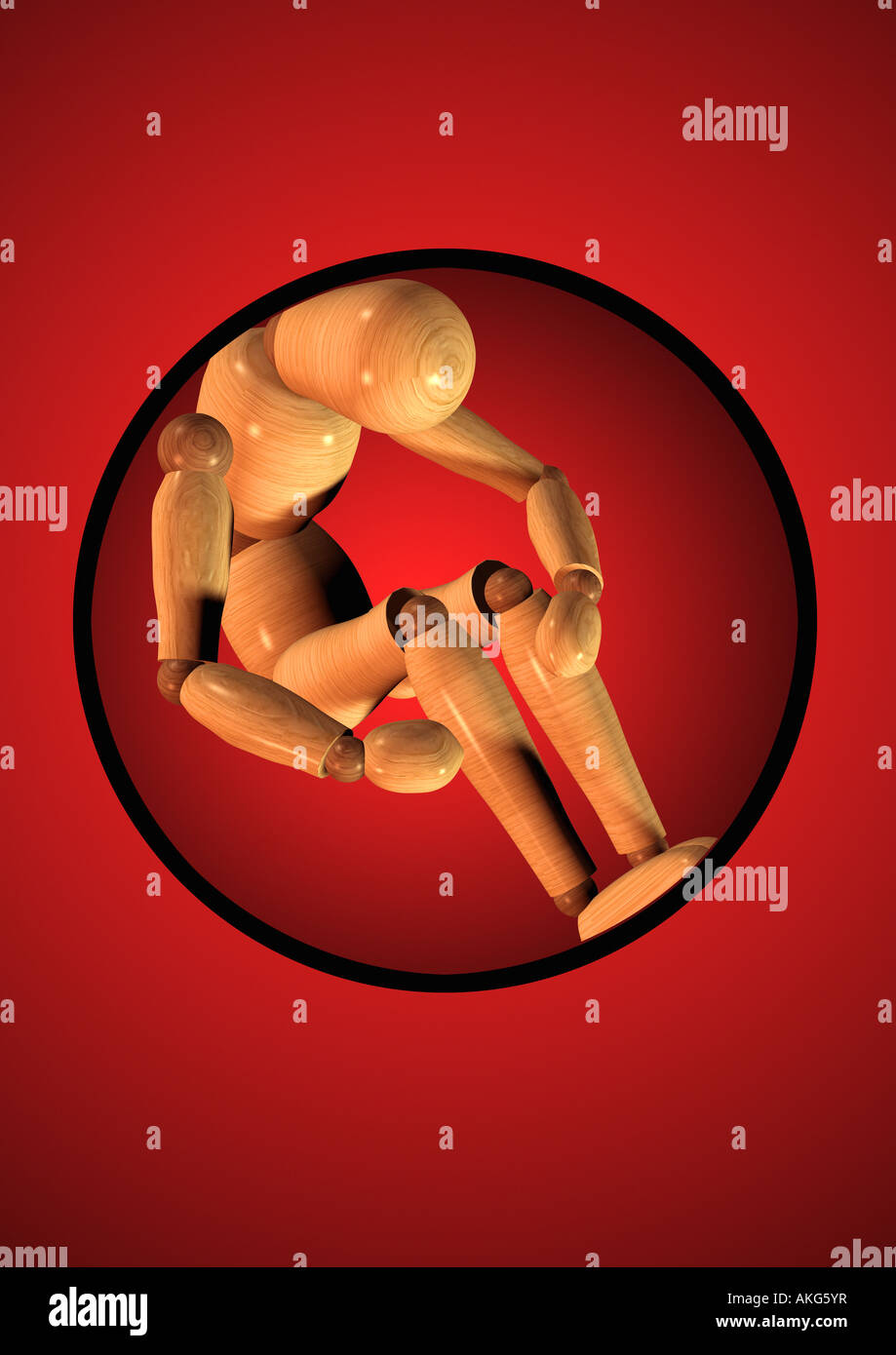 gegliederte Puppe in einem engen Kreis Gliederpuppe Eingeengt in Einem Kreis Stockfoto