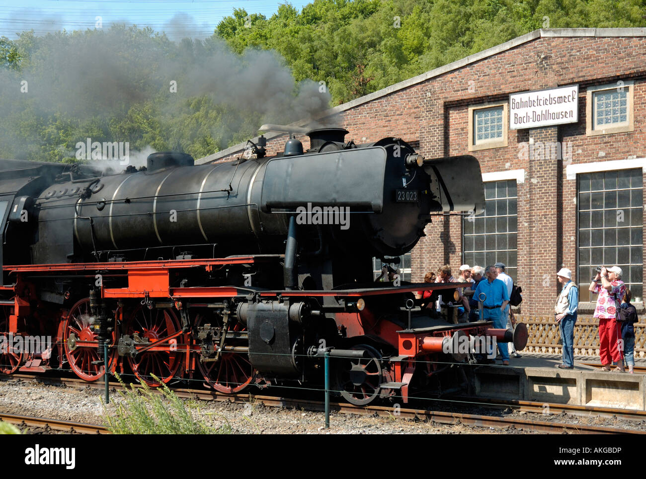 Erhaltene Dampf Lok in Aktion während der 30. Geburtstagsfeiern, Bochum Eisenbahnmuseum (größte Länder) in Deutschland. Stockfoto