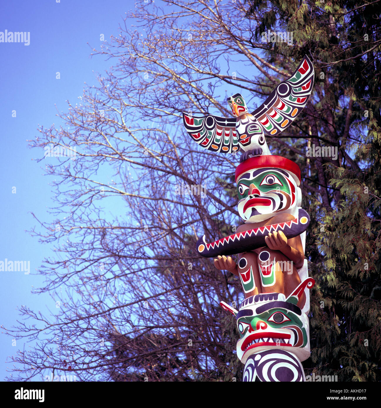 Detail der Totempfahl in Brockton Point im Stanley Park in Vancouver British Columbia Kanada Stockfoto