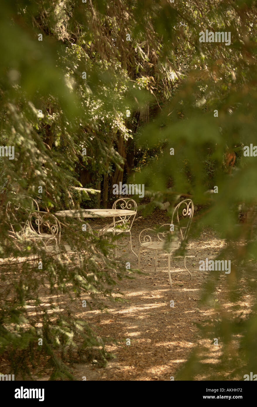 weißes Eisentisch und Stühle im Garten Stockfoto