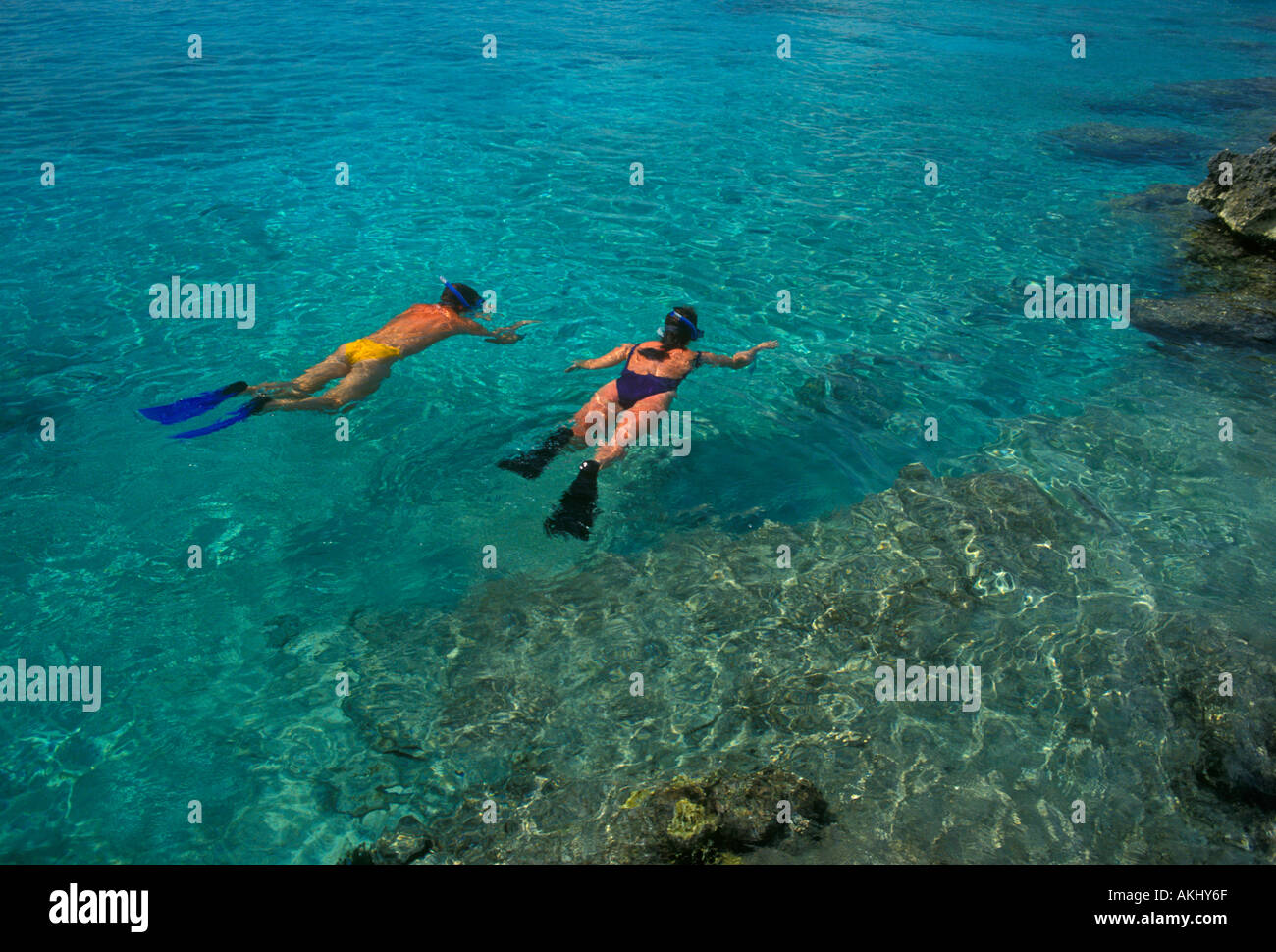 Menschen, Mann, Frau, Paar, Touristen, Schnorchler, Schnorchler, Schnorcheln, Lagune Chankanaab, Insel Cozumel, Quintana Roo, Mexiko Stockfoto