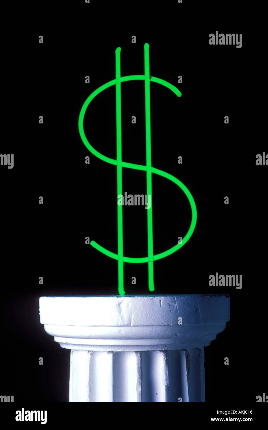 Neon Dollarzeichen auf Sockel Stockfoto