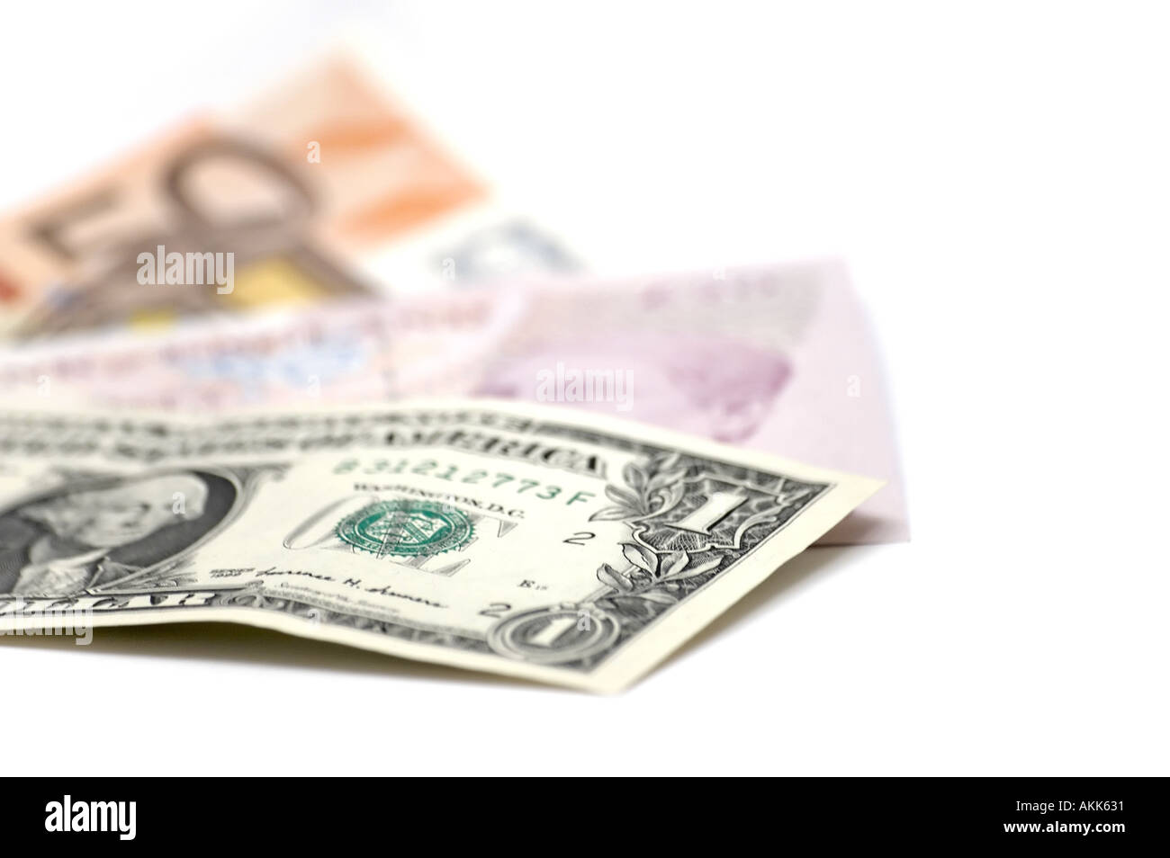 Amerikanische Vereinigtes Königreich Pfund Sterling und Euro Bank Dollarnoten auf weißem Hintergrund Stockfoto