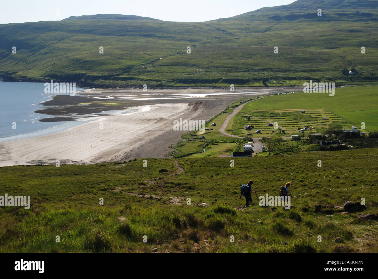 Sandstrand am See spröde, Campingplatz, Cuillin Hills, Insel von Skye, innere Hebriden, Schottland Stockfoto