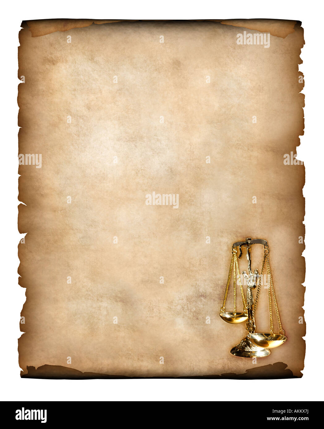 Altes Stück Pergament mit Gerechtigkeit skaliert Symbol in der Ecke Stockfoto