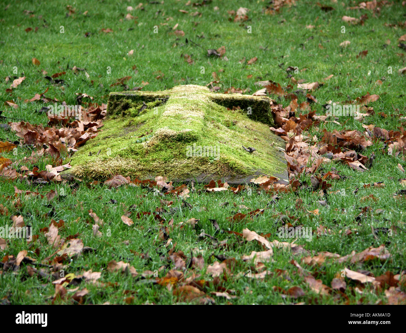 Moos bedeckt Grabstein in Hoar Cross Kirche Friedhof. Stockfoto