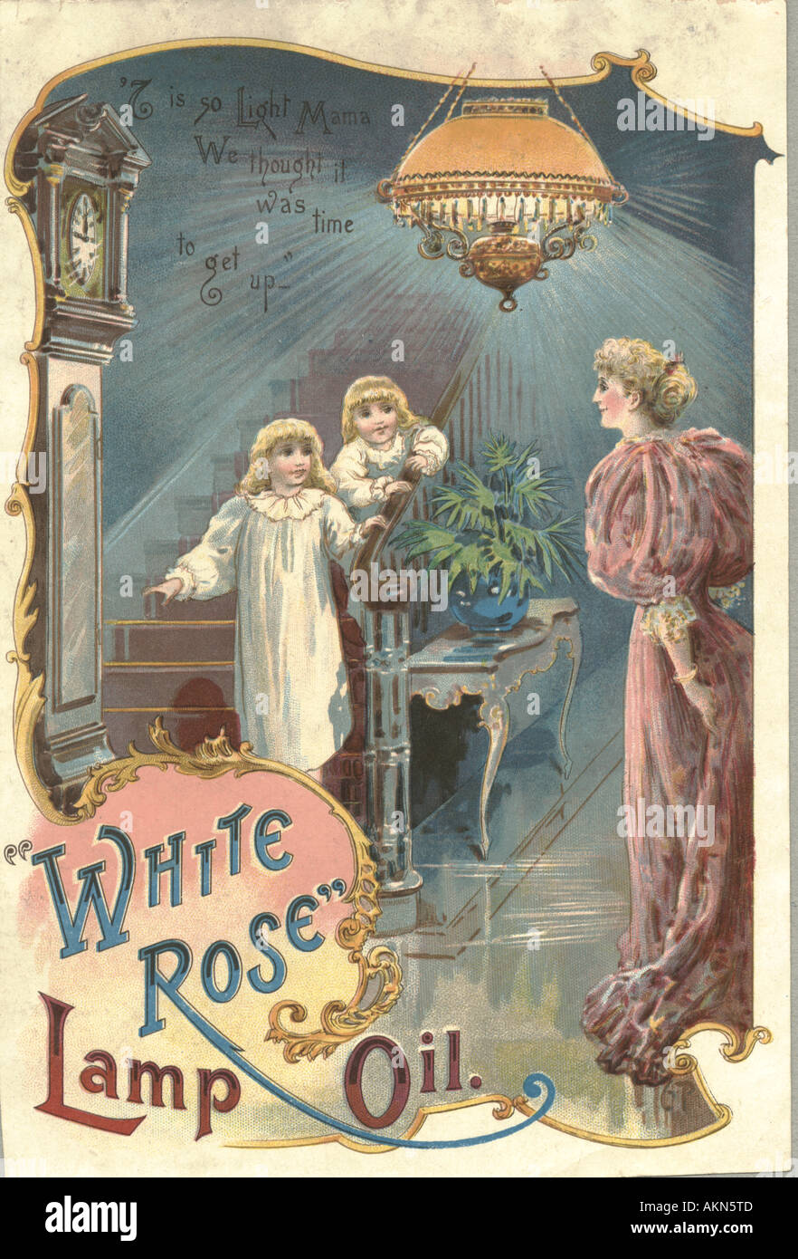 Chromolithographed Werbung für White Rose Lampenöl um 1890 Stockfoto