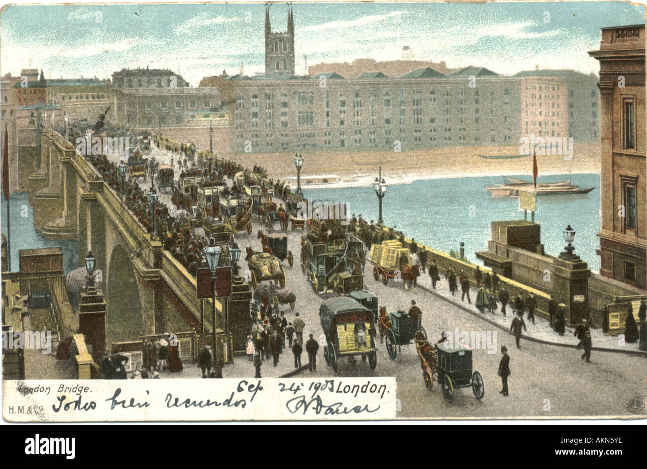 Ansichtskarte des Verkehrs auf der London Bridge postalisch verwendet 1903 Stockfoto