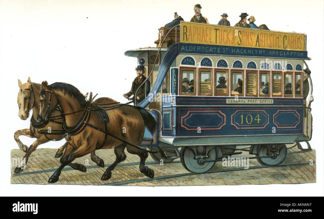 Chromolithographed gestanzt Schrott Pferd gezogenen Straßenbahn um 1880 Stockfoto