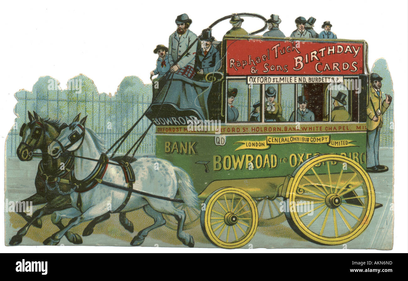 Chromolithographed gestanzt Schrott Pferd gezogenen Straßenbahn um 1880 Stockfoto