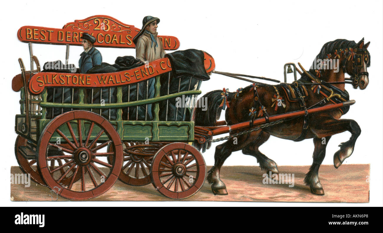 Chromolithographed gestanzt Schrott von Kohle Lieferung Warenkorb um 1880 Stockfoto