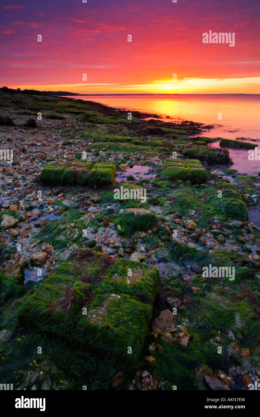 Sonnenaufgang über dem Lepe Beach in New Forest National Park, Hampshire Stockfoto