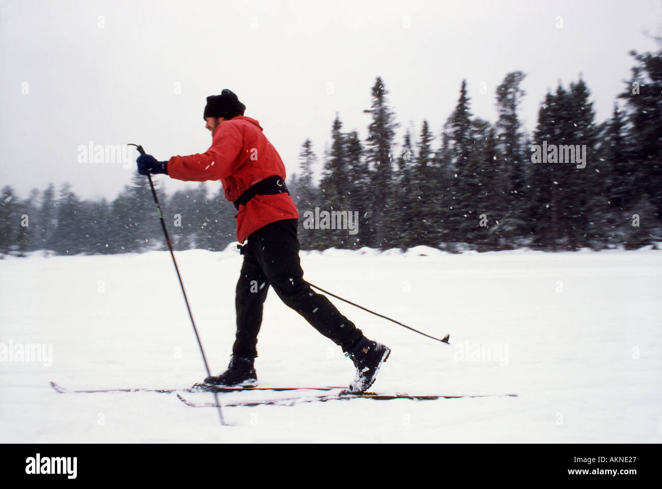 Langlauf gleitet Ski über See in Boundary Waters Kanugebiet Minnesota Stockfoto