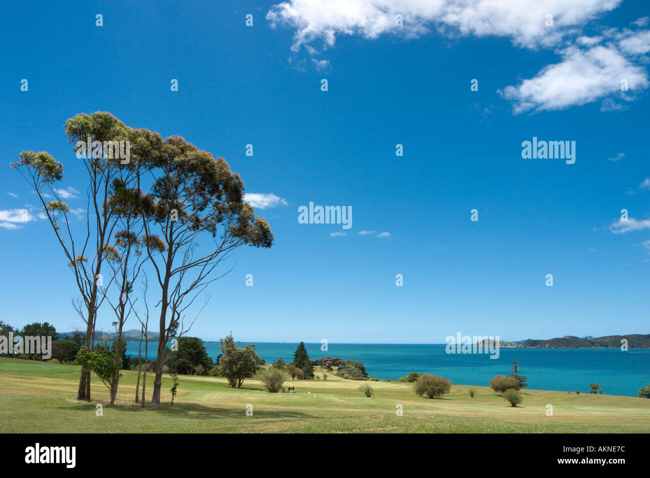 Blick vom Golfplatz in Paihia mit Blick auf die Bay of Islands, Northland, Russell, Nordinsel, Neuseeland Stockfoto