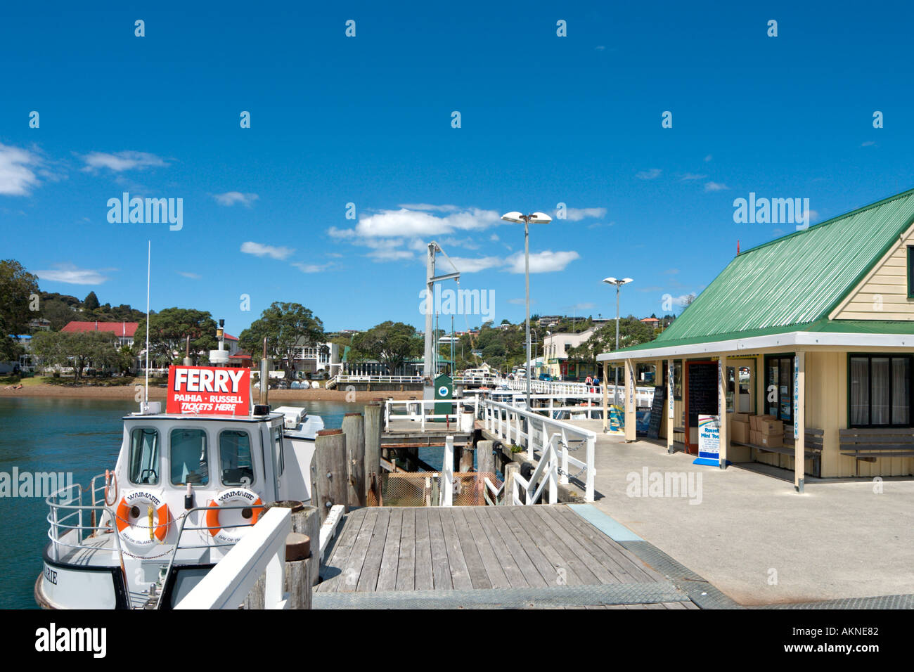 Bootsanlegestelle an der Stadt von Russell, Bay of Islands, Northland, Nordinsel, Neuseeland Stockfoto