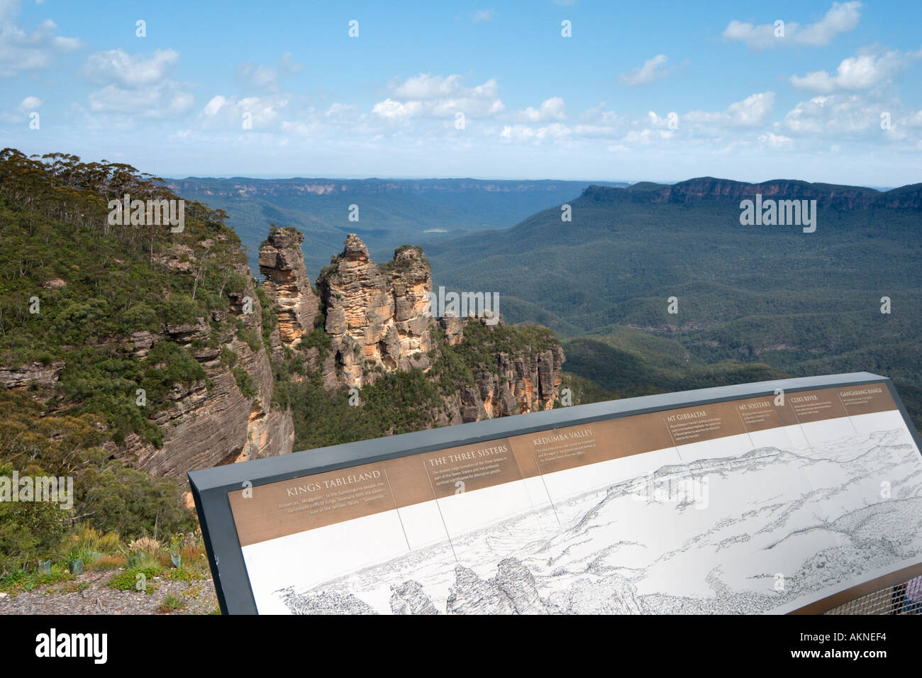 Die drei Schwestern und Mount Gibraltar vom Echo Point, Blue Mountains, New South Wales, Australien Stockfoto