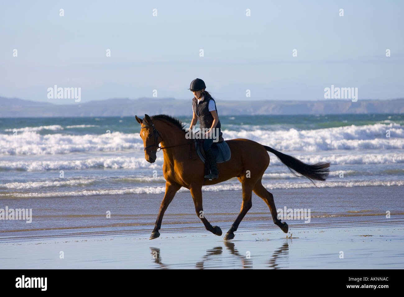 Junge Frau reitet auf einem Pferd Bucht auf breiten Haven Beach Pembrokeshire Wales Großbritannien Stockfoto