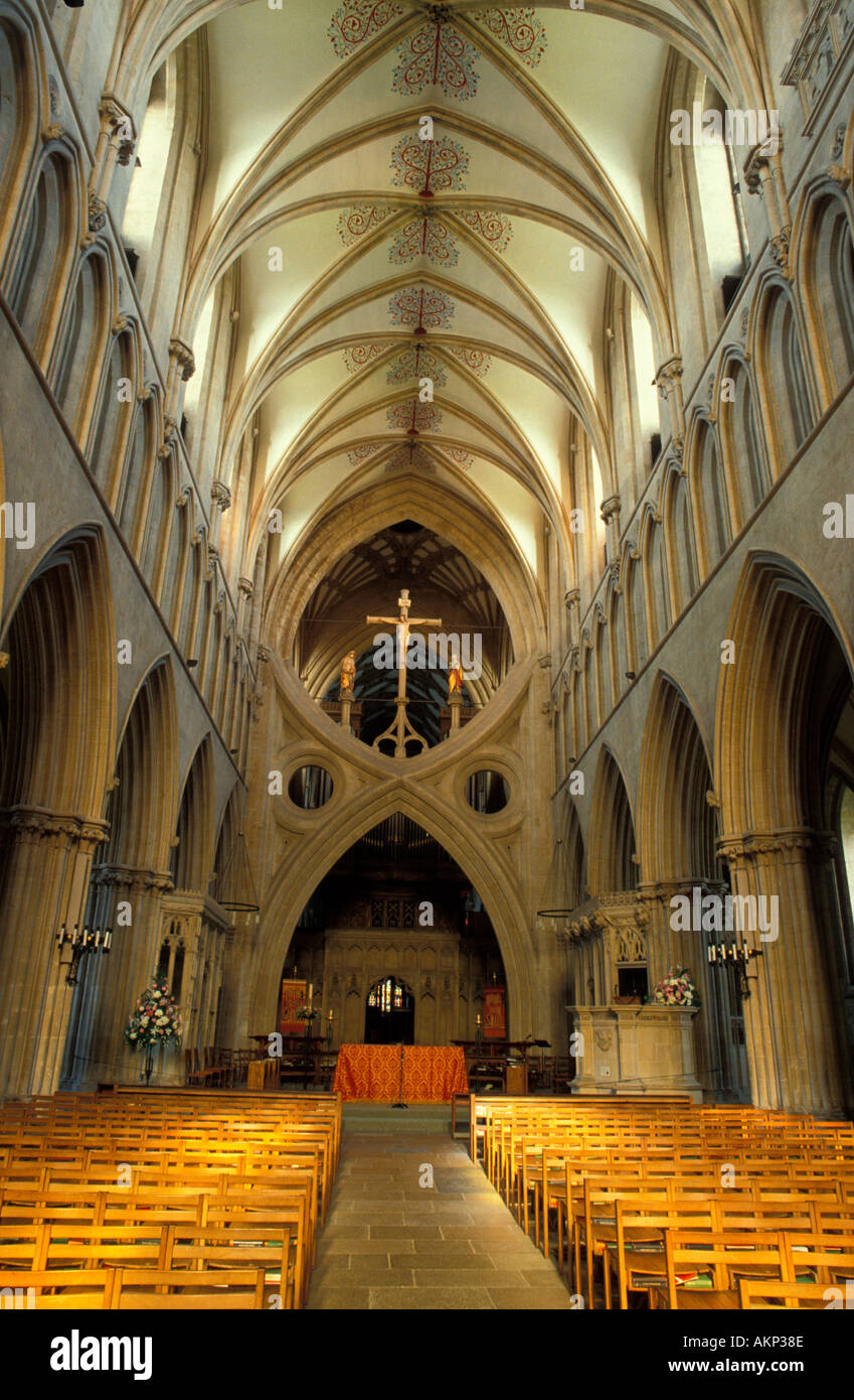 Das Innere des Wells Cathedral (St. Andrews) zeigt die umgekehrte Bogen, Somerset, England, Vereinigtes Königreich, Europa-EU Stockfoto