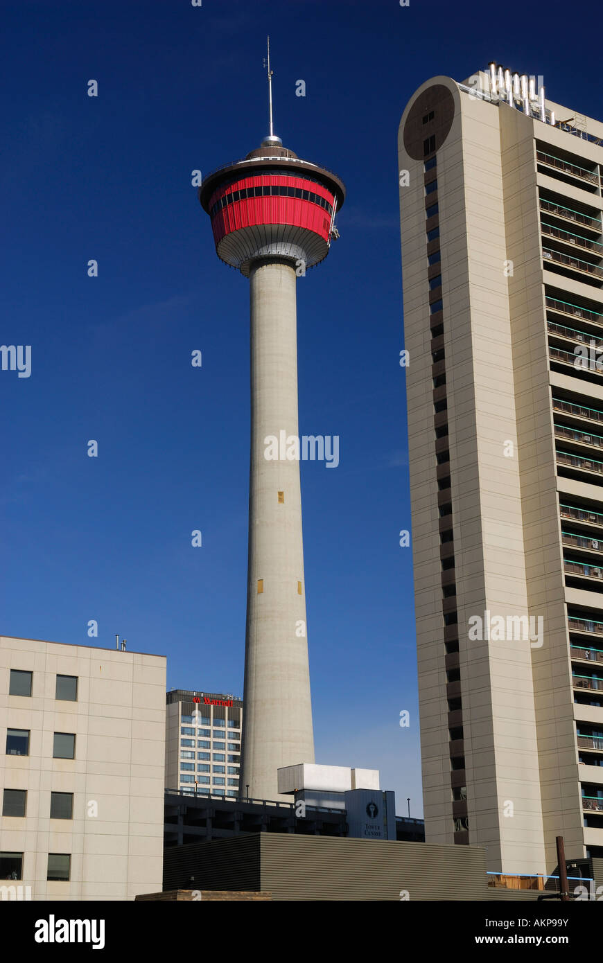 Calgary Tower mit Condomimium und Hotel an einem klaren Tag Stockfoto