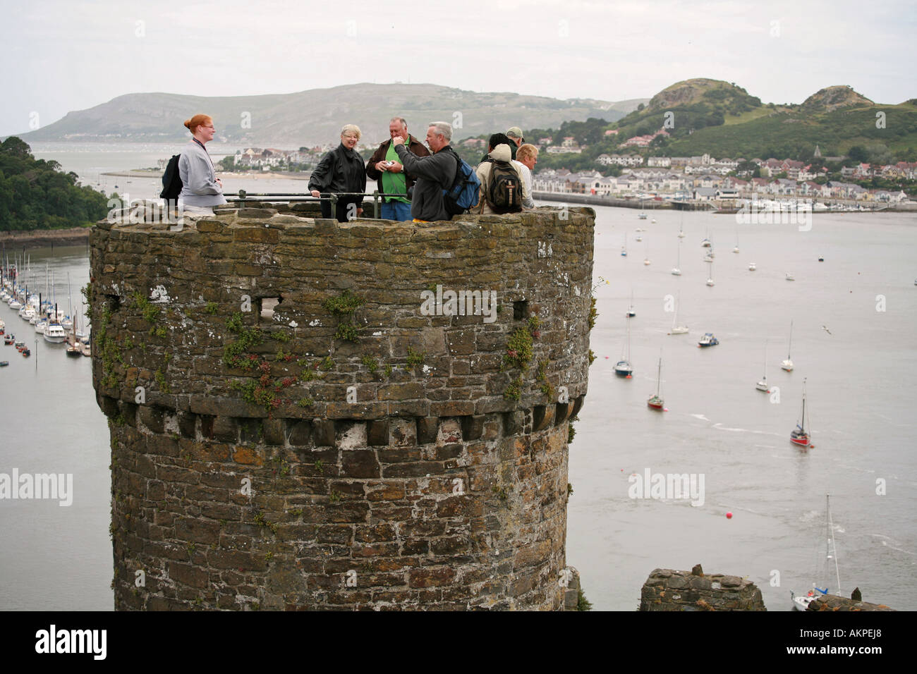 Touristen genießen Sie die Aussicht von der Spitze eines mittelalterlichen Turms in Conwy Castle Snowdonia-Nationalpark North Wales UK Großbritannien EU Stockfoto