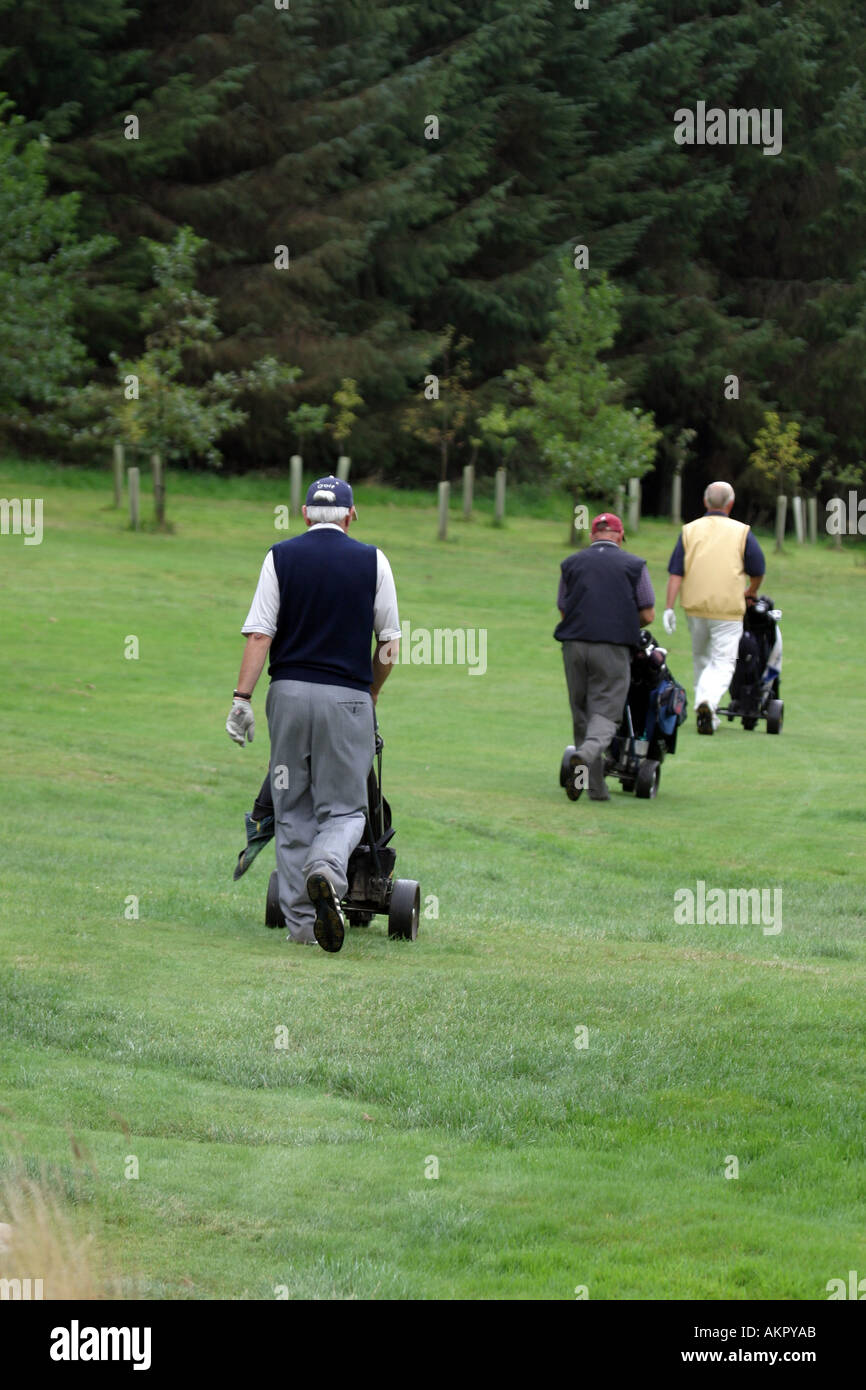 Golfer, die zu Fuß in einer Linie entlang fairway Stockfoto