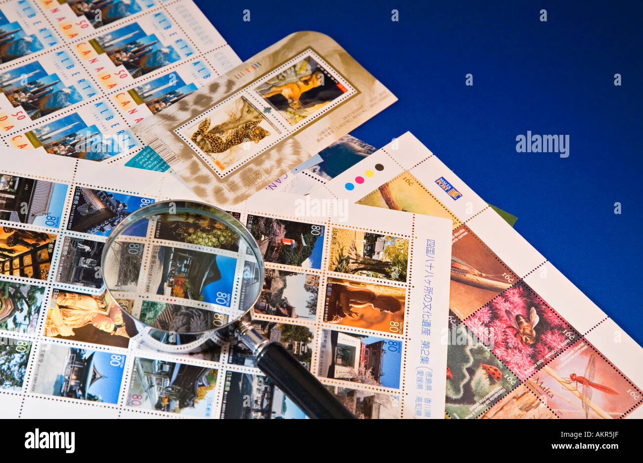 Briefmarkensammlung mit Lupe Stockfoto