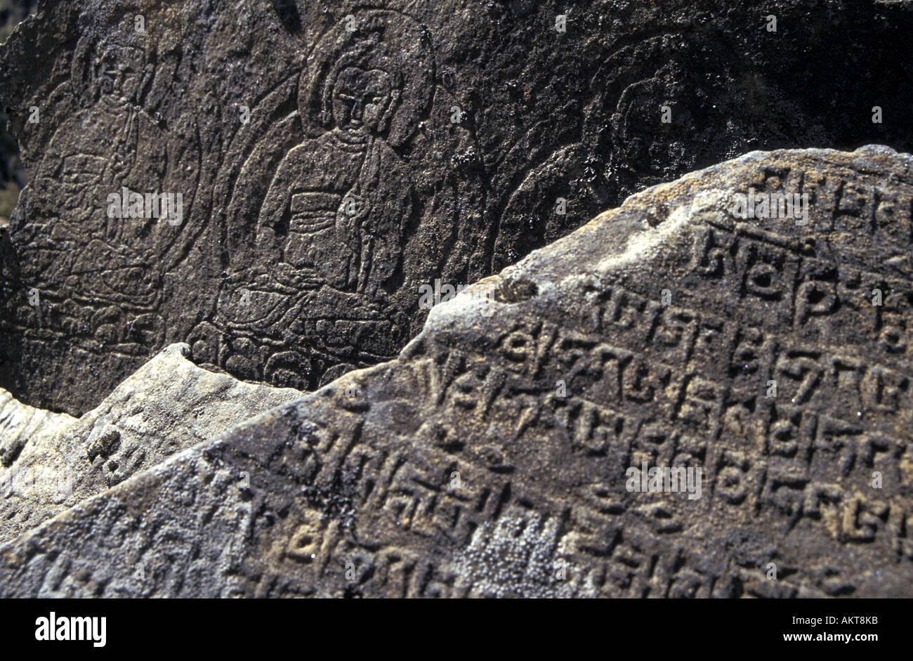Tibetisch-buddhistischen geschnitzt Mani-Steinen Everest Trail Sagarmatha Nationalpark Solu Khumbu-Nepal Stockfoto