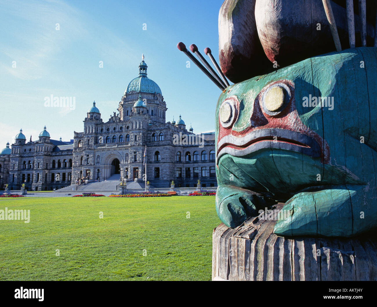 Ein Blick auf das Parlamentsgebäude auf dem Victoria Harbour in Victoria British Columbia Stockfoto