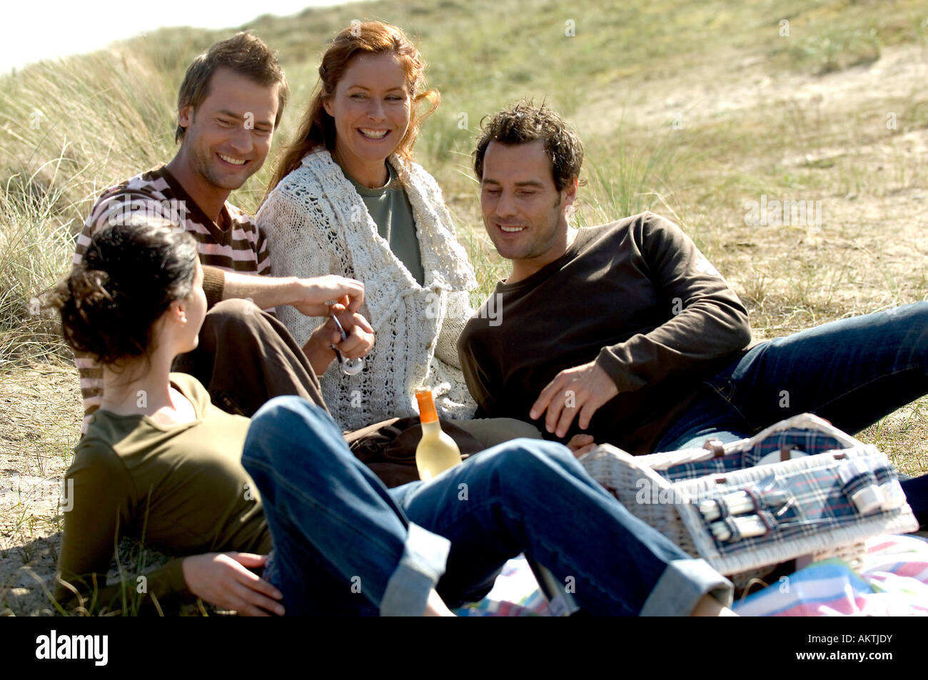 Gruppe von Freunden mit einem Picknick in einem Feld Stockfoto