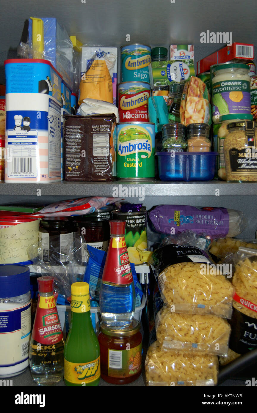 Dosen und Pakete von Lebensmitteln in den Regalen in einem Küchenschrank Stockfoto