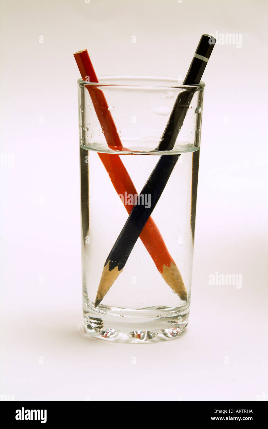 Zwei Stifte in einem Glas Wasser zeigen die optischen Verzerrungen durch  Brechung des Bildes Stockfotografie - Alamy