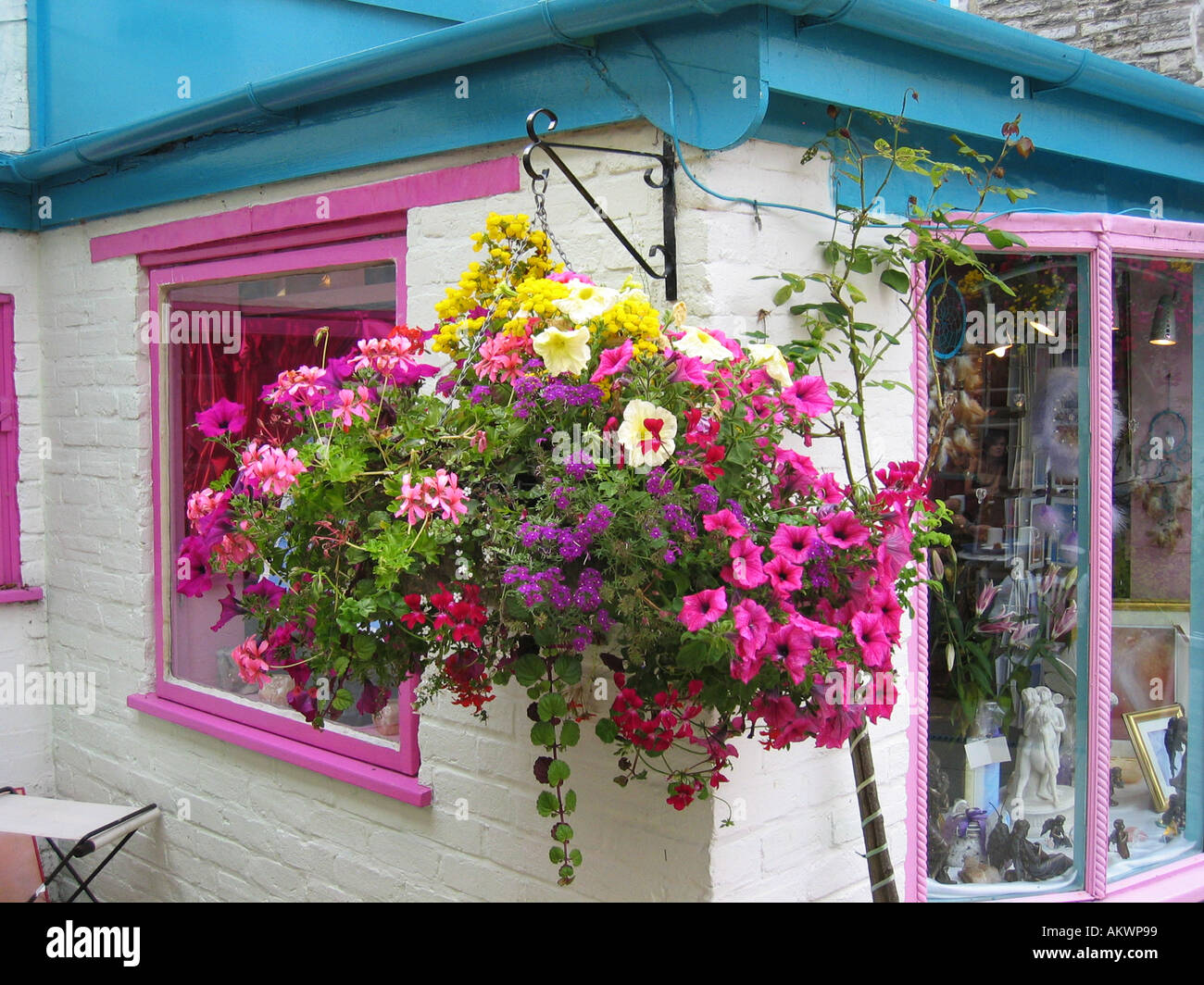 bunte Blumenampel Glastonbury Stadtzentrum Stockfoto