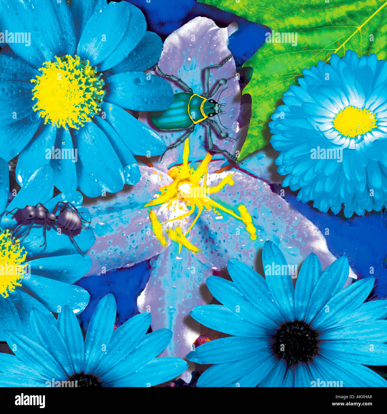 Abbildung blau Blumen Ameise abstrakt Stockfoto