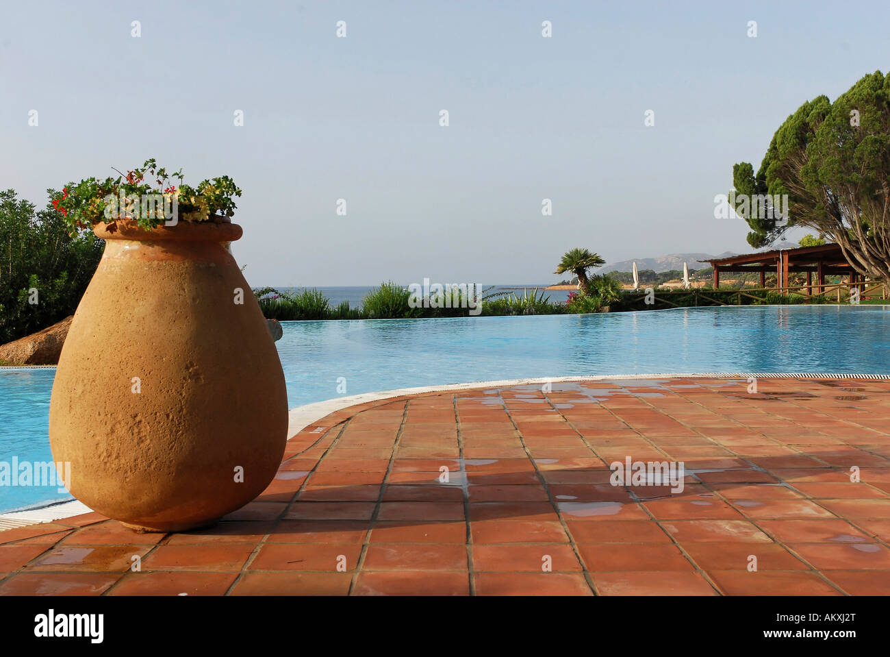 Große Vase mit Schwimmbad, Santa Margherita di Pula, Sardinien, Italien Stockfoto