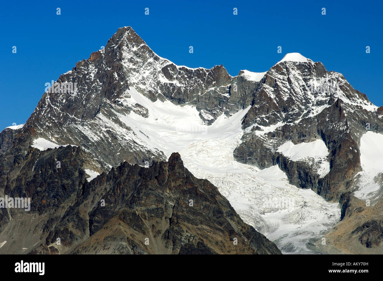 Spitzen Oberes Gabelhorn, Wellenkuppe, Schweizer Alpen, Zermatt, Wallis, Schweiz Stockfoto