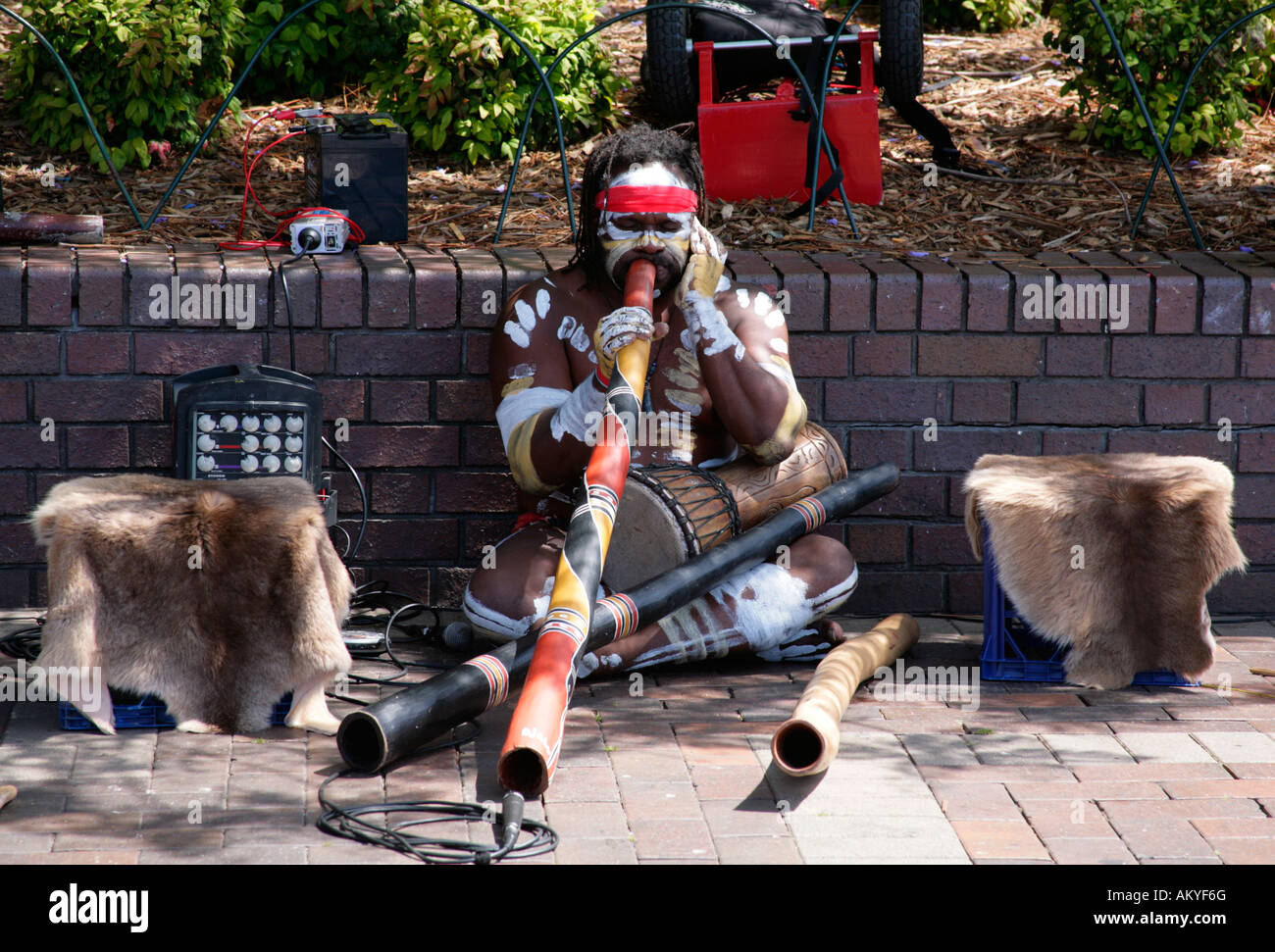 Aborigines Straßenkünstler mit Didgeridoo auf Bürgersteig in der Nähe der Felsen, Sydney Stockfoto