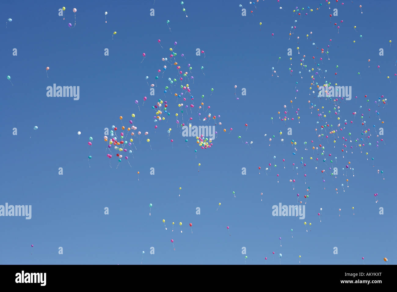 1000 weiße Ballons vor blauem Himmel, längste Flug-Wettbewerb Stockfoto