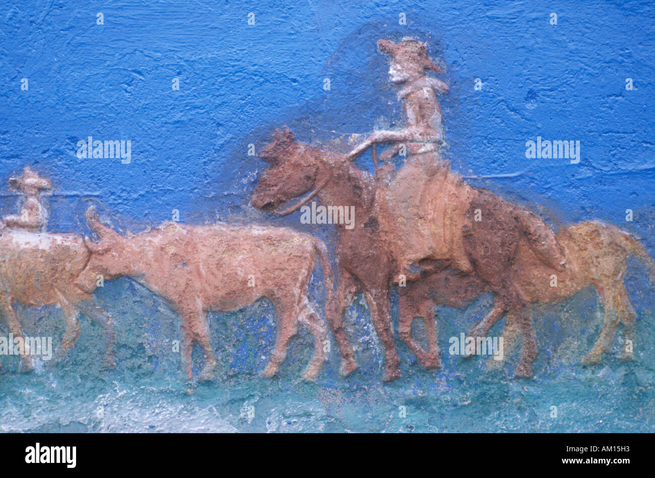 Detail der Malerei der Cowboy auf Pferd Rinder auf Almabtrieb aufrunden Stockfoto