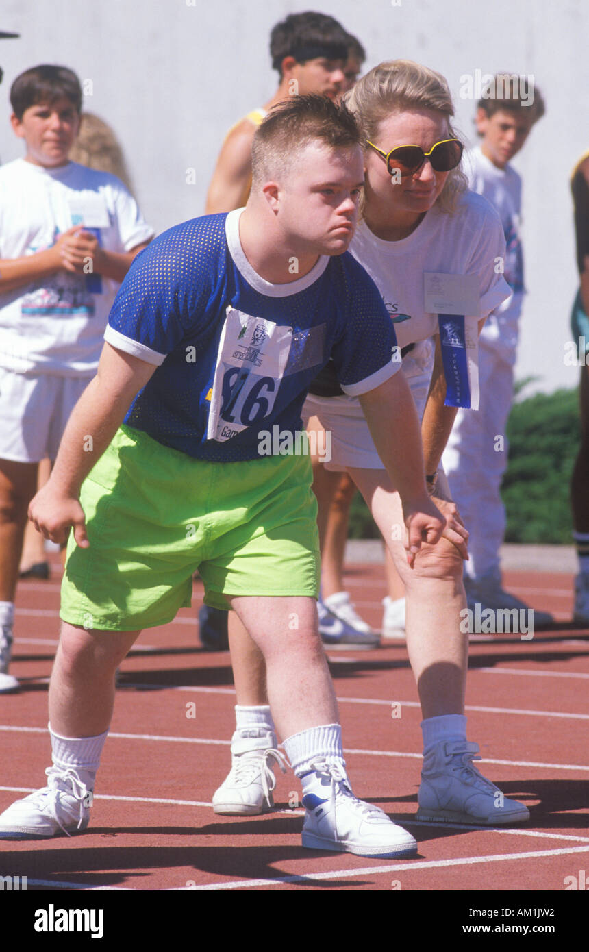Nahaufnahme eines speziellen olympischer Athlet an Startlinie UCLA CA Stockfoto