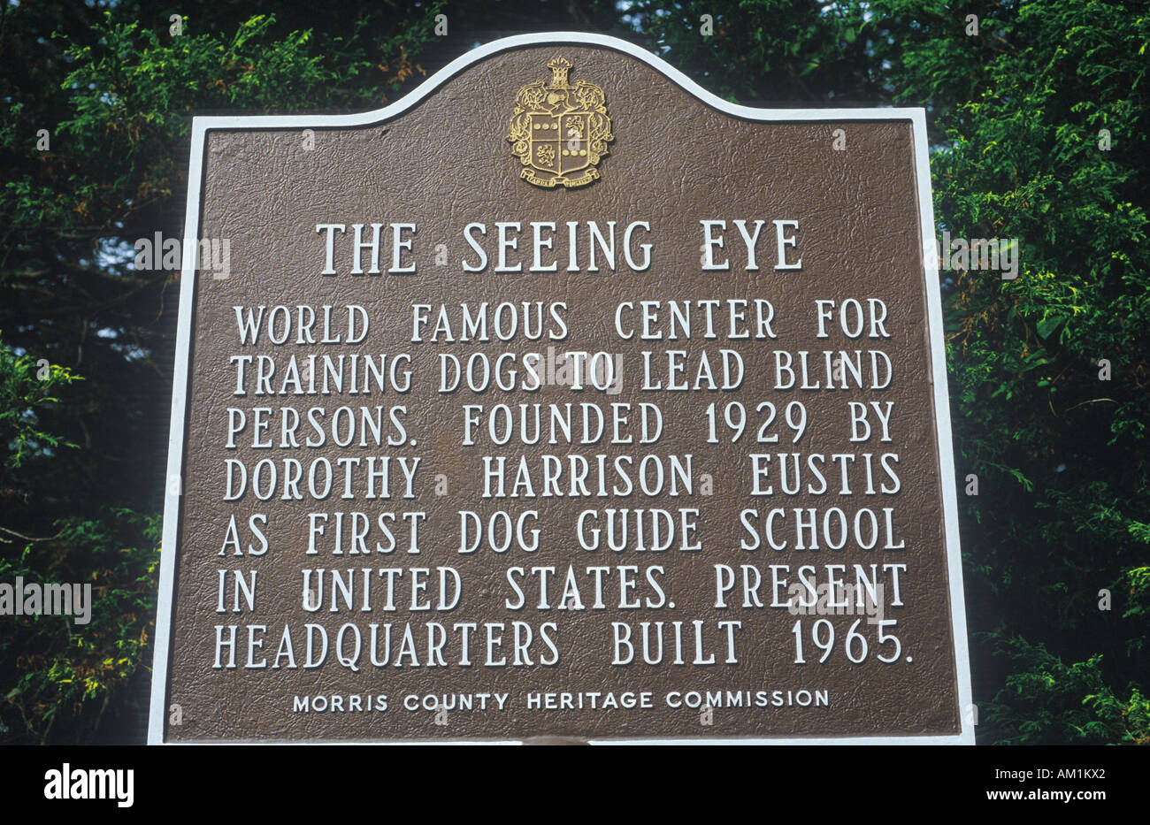 Plakat in Morris County New Jersey zur Erinnerung an die Heimat der sehendes Auge Stockfoto