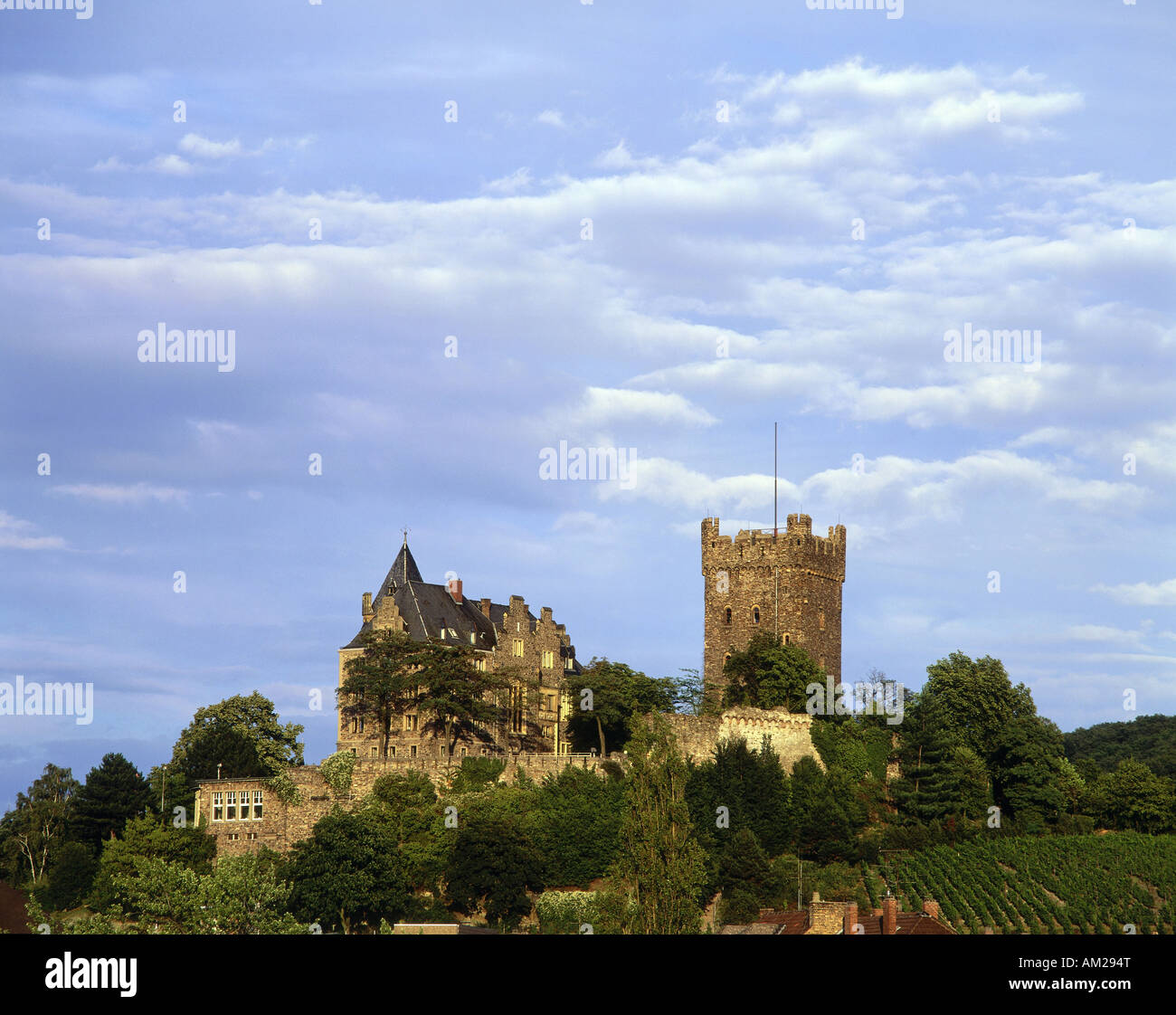 Geographie/Reisen, Deutschland, Rheinland-Pfalz, Bingen am Rhein, Burgen, Burg Klopp, Außenansicht, zwischen 1240 und 1277 erbaut, Mäuseturm, 14. Jahrhundert, dem heutigen s Hauptgebäude erbaut 1875 - 1879, Architekt: Eberhard Soherr, neo-gotischen, Additional-Rights - Clearance-Info - Not-Available Stockfoto