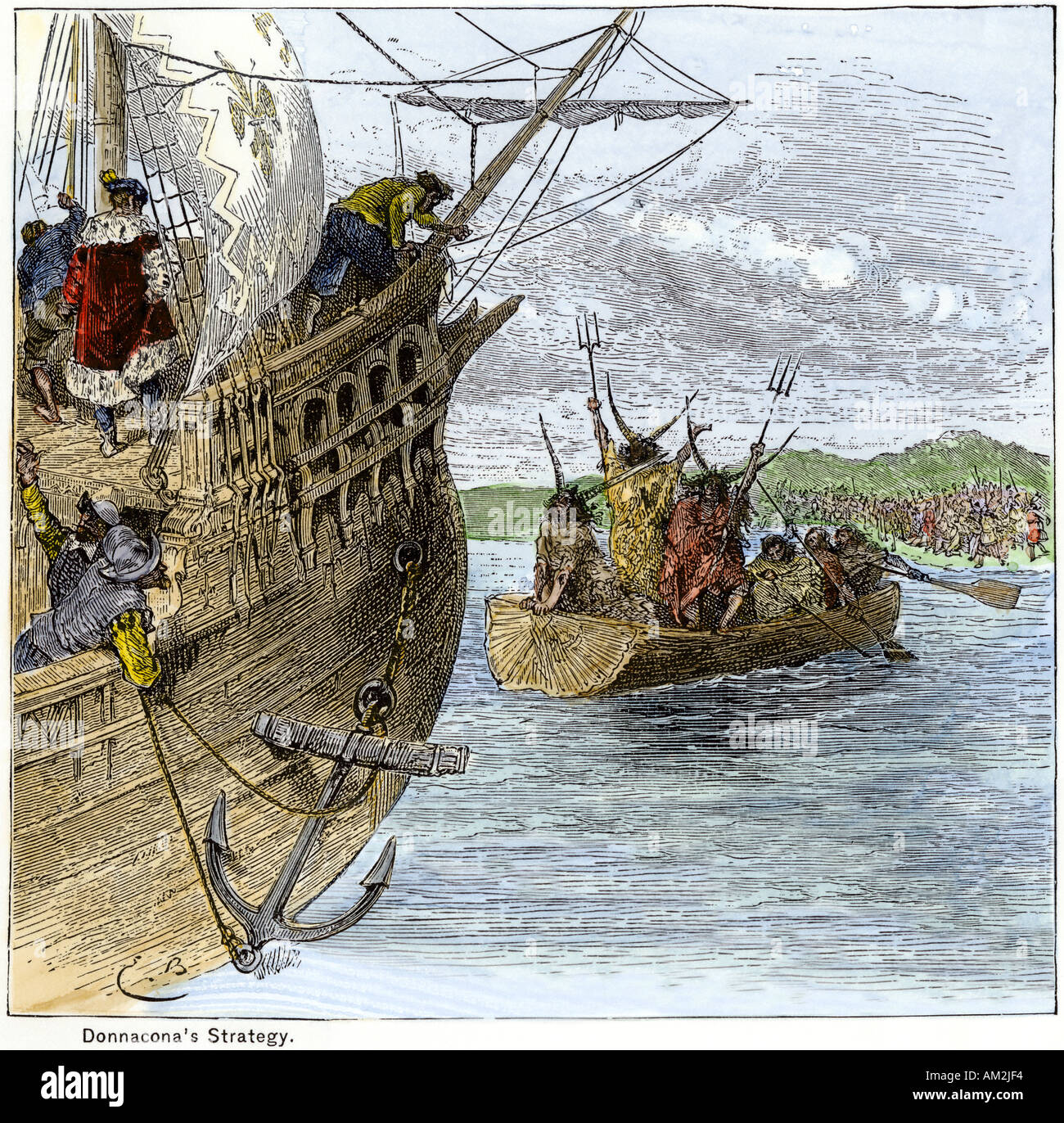 Huron Häuptling Donnacona warnt Jacques Cartier nicht bis zu den St Lawrence River 1535 Segeln. Hand - farbige Holzschnitt Stockfoto